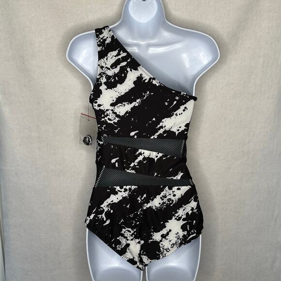 NWOT Carmen Marc Valvo One-Shoulder Mesh Cutout Swimsuit Black/White – Size 10 - Picture 7 of 10